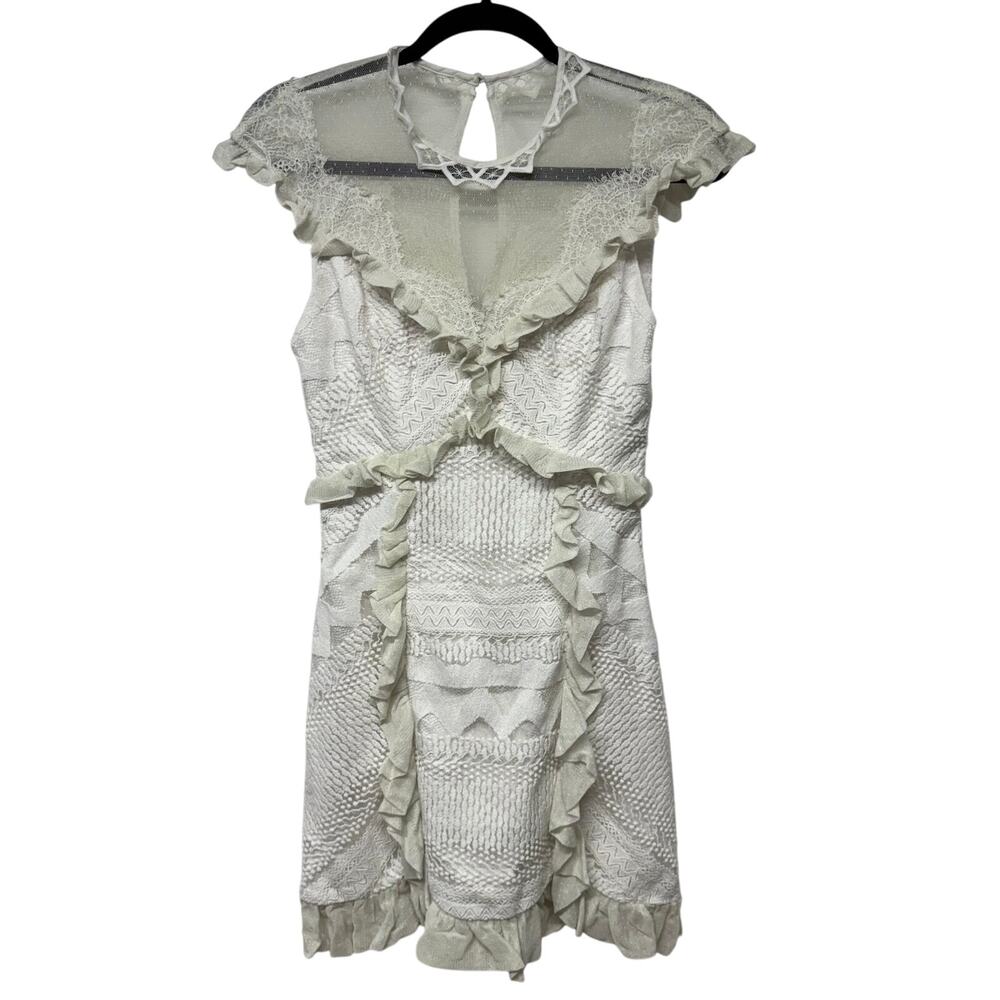 Three Floor Womens White Lace in Line Mini Dress Frilly Ruffles Size 6 Small